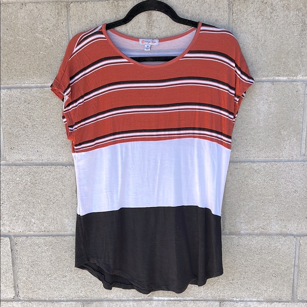 Striped Orange, White, and Black Women's Top Blouse Shirt Casual Soft Women’s M